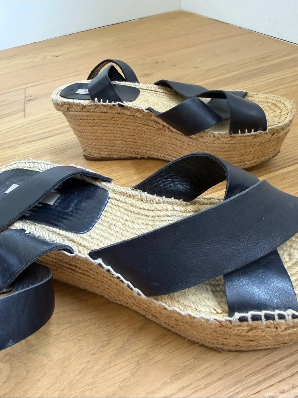Uterque Black Leather Cross-Strap Espadrille Wedges with Ankle Wrap
